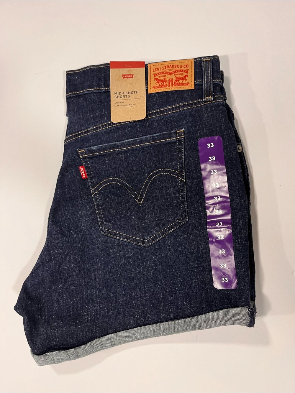 Size 33, Levi's Dark Indigo Denim Mid-Length Shorts